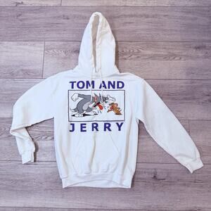 Tom And Jerry Hoodie Mens Small White Graphic Cartoon Pullover Sweatshirt nerd